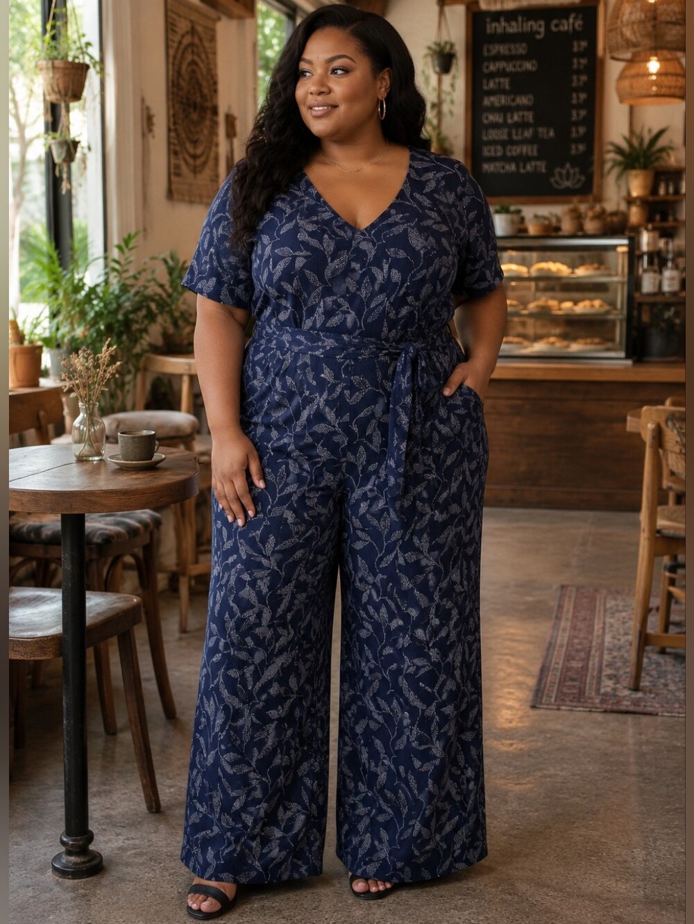 Navy Leaf-Print Wide-Leg Jumpsuit